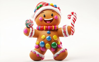 Fototapeta premium 3D Christmas gingerbread man character with icing decorations, smiling warmly and holding a small candy cane, vibrant colors on a white background 