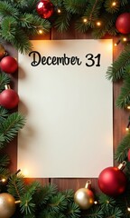 White piece of paper with red and gold Christmas tree on it. The tree is surrounded by red and gold balls. The paper is titled December 31