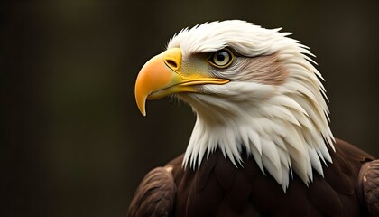 Obraz premium Bald eagle close-up showing hooked beak white head feathers piercing eyes against dark background