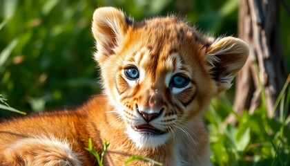 Obraz premium Detailed close-up of a lion cub with playful expressions, soft, fluffy fur, and bright blue eyes, captured in a lush green environment during midday.
