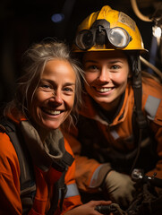 Fototapeta premium Cheerful female miners posing together with smiles in a dimly lit underground setting
