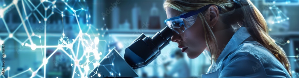 Poster In a laboratory setting, a scientist is seen using a microscope paired with a digital network overlay, highlighting the seamless integration of technology in scientific research and progress
