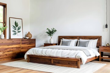 Fototapeta premium Warm white bedroom with wooden furniture in a contemporary style with copy space.
