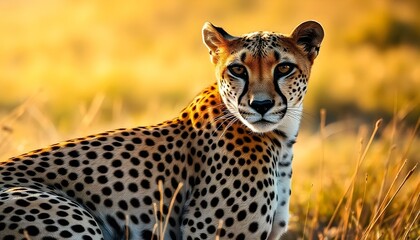Obraz premium Intimate portrait of a wild cheetah, emphasizing its sleek body and distinctive spots, photographed in the afternoon sun against a blurred grassland