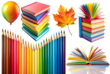 Bright Balloons and Autumn Leaves with Colorful Books and Pencils on Transparent Background, Back to School Concept