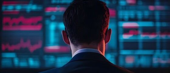 Businessman Interacting with Holographic Data Visualizations for Financial Analytics and Growth Strategies  Advanced technology interface displaying charts graphs