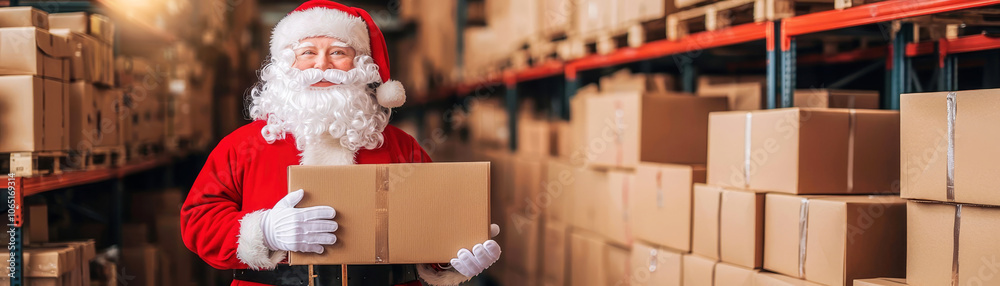 Wall mural christmas gift delivery santa claus standing in shop warehouse storage full of cardboard present box