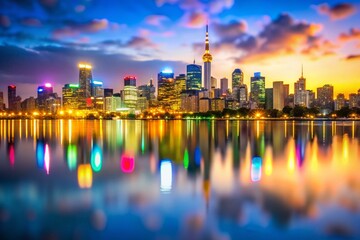 Obraz premium City Skyline Water Bokeh AI Photo