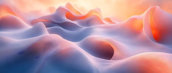 Obraz premium A mesmerizing abstract landscape depicting soft, undulating waves of pastel colors, illuminated by a warm, glowing sunset. The tranquil mood enhances the dreamlike quality.
