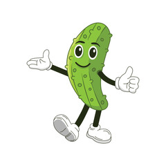Obraz premium Pickles cartoon mascot with thumb up hand and smiley face. Retro style, groovy style, vintage mascot, character food. Vector illustration