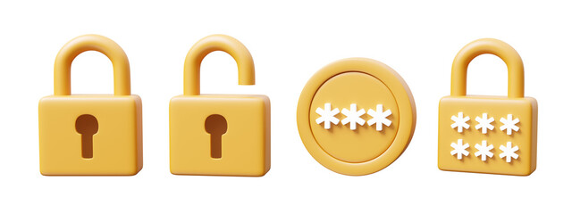 3D rendered illustration of the lock icon and password symbol created in yellow tones. There is a padlock that is in both locked and unlocked states. Combined password isolated on transparent  © Khomkrid