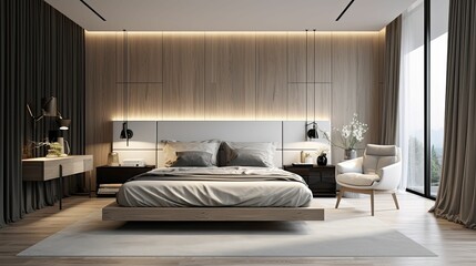 Modern bedroom with wooden walls and large window.