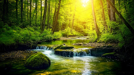 Obraz premium Tranquil forest stream flowing over rocks with sunlight filtering through trees creating a peaceful ambiance