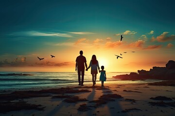Fototapeta premium Silhouettes of a family walk on a beach at sunset.