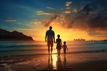 Fototapeta premium Family silhouette on beach at sunset.
