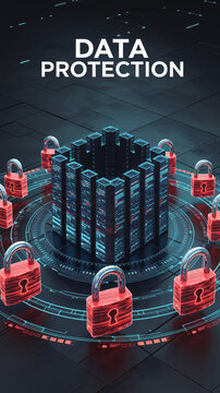 Data Protection Center Surrounded by Red Padlocks Representing Secure Server and Network Security in Futuristic Setting

