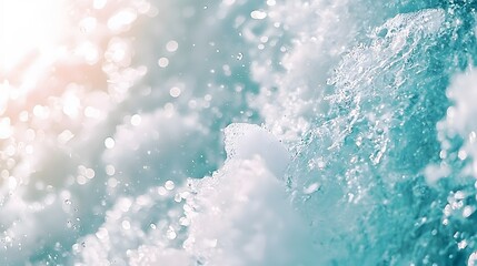 Fototapeta premium Turquoise Rapids : River water. Here, the river rushes through rocky terrain. The water churns, creating frothy whitecaps. Sunlight filters through the spray, casting a magical glow. The copy 