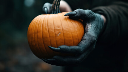 Close-up of a small pumpkin held by hands with black-painted skin and pointed nails, symbolizing a Halloween theme or fantasy character.