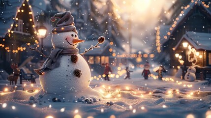 Obraz premium Winter Wonderland with Snowman and Christmas Lights