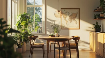 Obraz premium Bright and Inviting Modern Dining Room with Plants and Natural Light