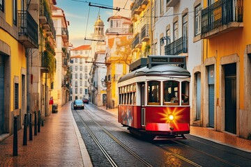 A red tram on cobblestone tracks in a European city.