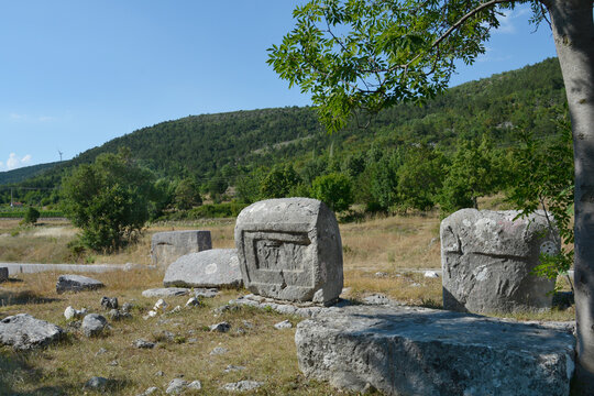 Necropolis Velika and Mala Crljivica (Big and Small Crljivica) near the village of Cista Velika in Croatia with tombstones decorated with intricate carvings