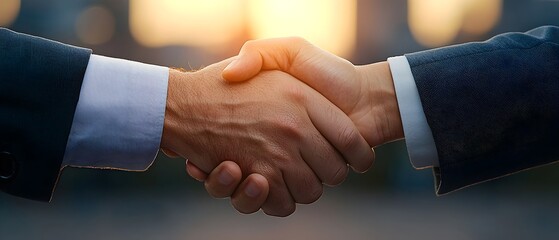 Obraz premium Handshake agreement gesture between two business professionals set against a backdrop of a modern cityscape symbolizing the unity trust