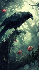 Raven in a Dark Forest: A Mystical Illustration