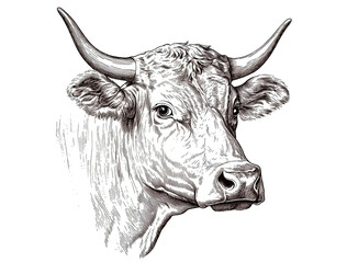Cow, bull, farm. Vintage retro print, black white cow sketch ink pencil style drawing, engrave old school. Sketch artwork silhouette farm cow, white background. Side view profile. Illustration