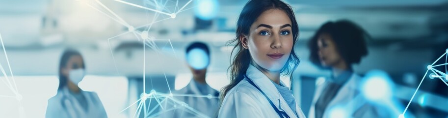 Fototapeta premium Medical professionals embracing technology in modern healthcare facility. Teamwork, innovation, and digital transformation in the medical field for advanced patient care and treatment solutions.