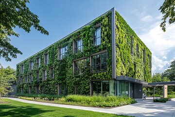 Naklejka premium Modern building with a living wall, green grass, and trees.