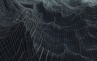 Obraz premium Abstract 3D grid landscape with intricate mesh pattern resembling waves. The composition features sharp lines and a dark background, creating a futuristic and dynamic atmosphere.
