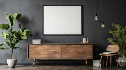 Modern Living Room Decor with Wooden Cabinet and Green Plants