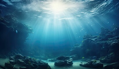 Naklejka premium Sunbeams illuminate underwater rocks and fish.