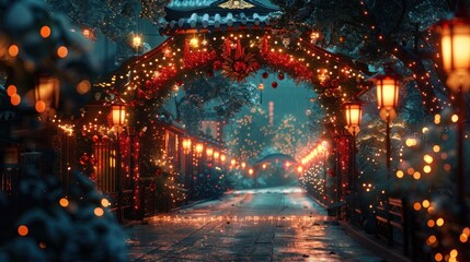 Obraz premium Snowy Winter Night with Festive Lights