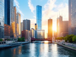 Obraz premium Chicago Skyline Captivates Viewers with Stunning Sunset Reflections