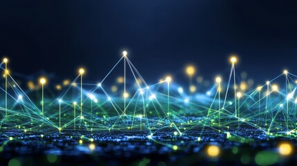 Futuristic. Technological Connections. Network. Glowing Points. Triangles. Blue Green.