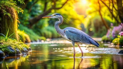 Naklejka premium Bluestemmed Gray Heron foraging for Fish in a Tranquil Stream – Panoramic Nature Photography