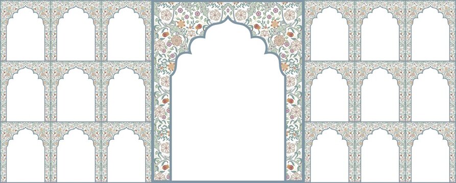 Set of windows Beautiful Arch small and Big Design with Indian Rajasthani fort and Culture. Wedding Backdrop and other uses. Abstract Indian floral rug design, Persian carpet, tribal texture, Floral