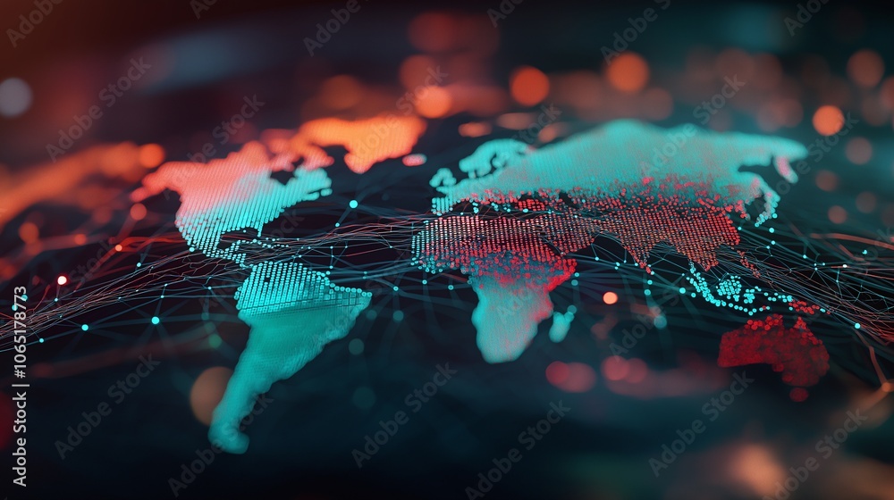 Poster digital world map with conceptual lines and nodes