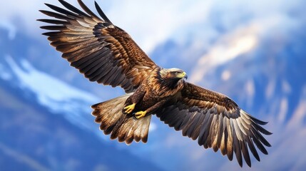 Obraz premium A Golden Eagle Soaring Through a Blue Sky with a Mountainous Background