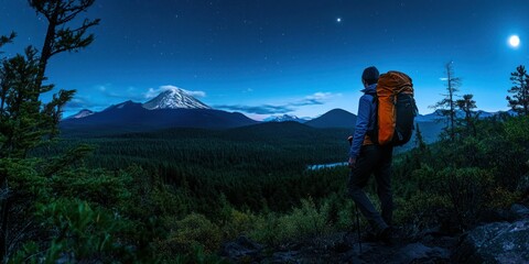 Fototapeta premium Male hiker is walking into a forest at night, surrounded by a beautiful and mysterious atmosphere. 