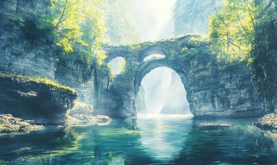 Watercolor Three Natural Bridges (Wulong Karst National Park) is located in Wulong City, Chongqing...