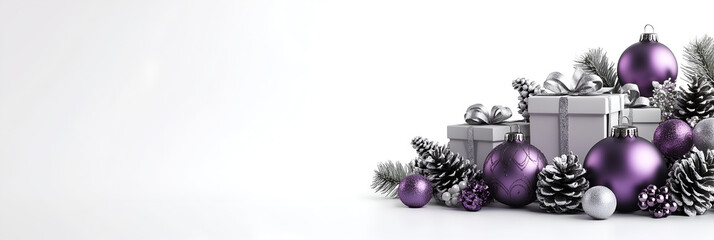 Christmas background with purple christmas gifts, frosted pine branches, silver and purple christmas balls for winter holiday decoration