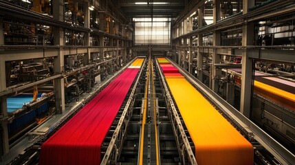 Fototapeta premium Industrial Textile Manufacturing Process with Red and Yellow Fabrics on Conveyor Belts