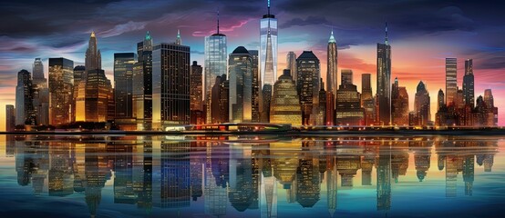 Naklejka premium City skyline reflected in water at sunset.