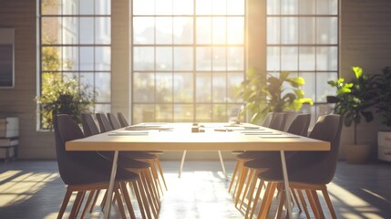 Obraz premium A Modern Conference Room with Sunlit Windows and Empty Chairs