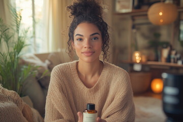 Influencer in cozy living room holding skincare product