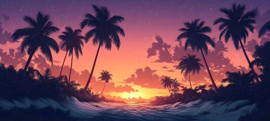 Obraz premium A serene tropical sunset with vibrant hues of orange and pink. Silhouetted palm trees line the beach, creating a tranquil atmosphere against the starry sky.