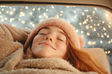 Woman relaxing inside car with winter lights in background
